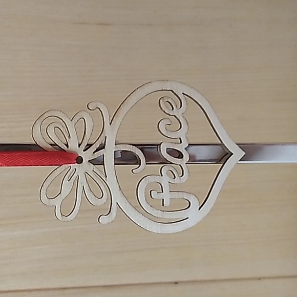 Peace Bememo Wooden Christmas Ornament 3.82 x 2.83 x 0.12 inches w Red ribbon - Picture 2 of 5